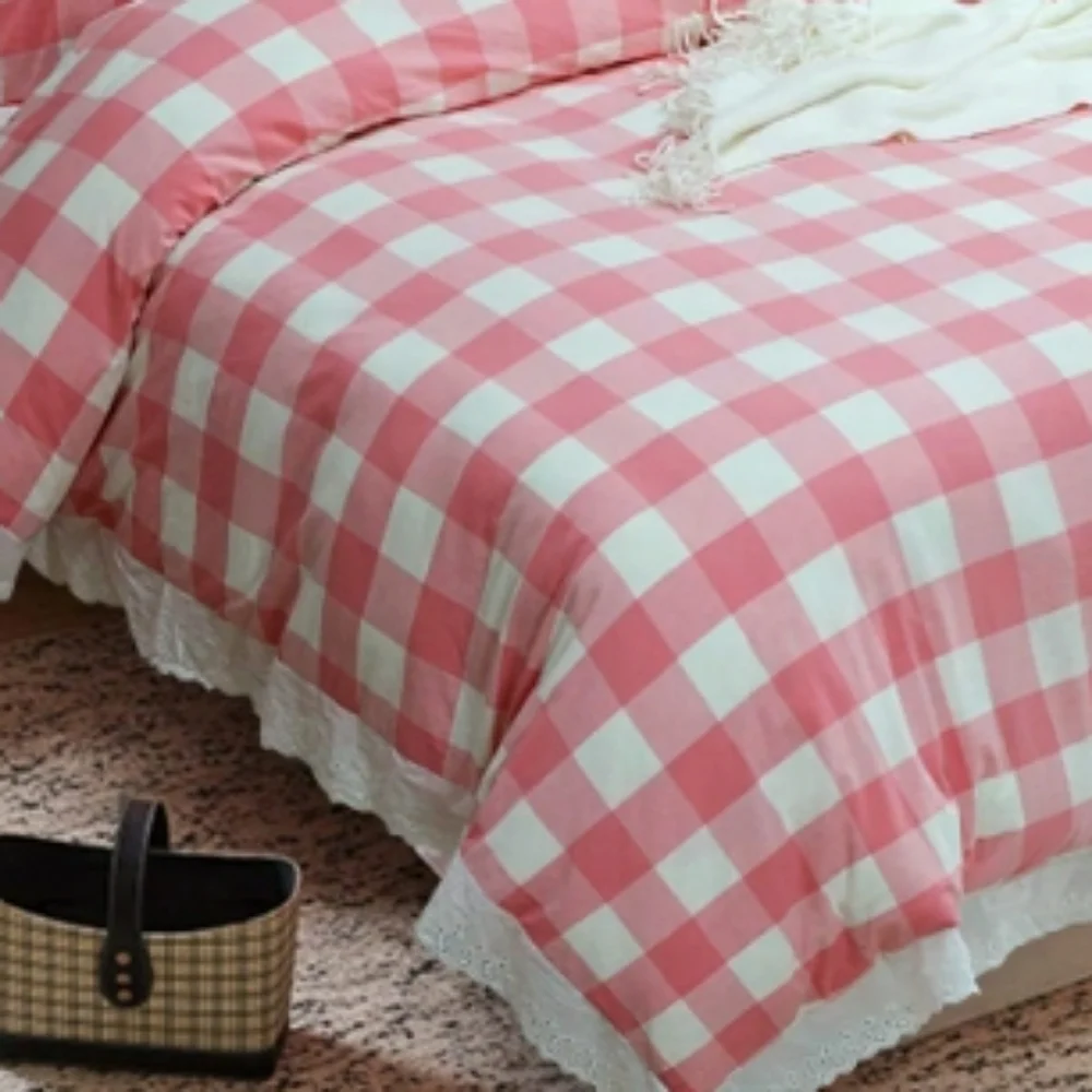 ⭐🆕 Farmhouse pink white buffalo plaid duvet set
